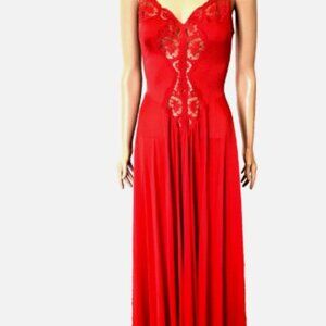 OLGA Red Vintage 9284 Lace Bodice Full Sweep Nylon Spandex Nightgown Small